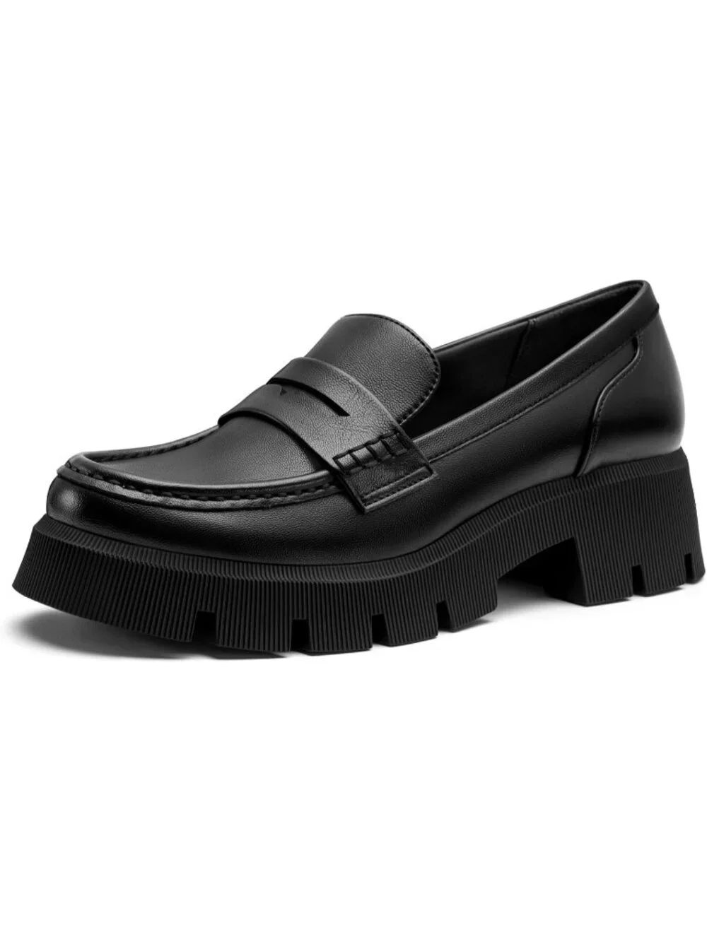 Women's Black Round Toe Heeled Chunky Lug Sole Slip On Casual Penny Loafer Shoes